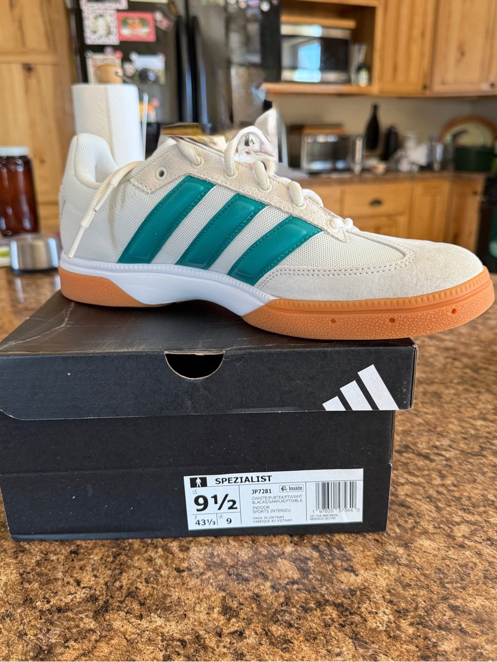 Adidas Spezialist Cream Sneakers with Teal Stripes and Gum Sole Indoor Soccer